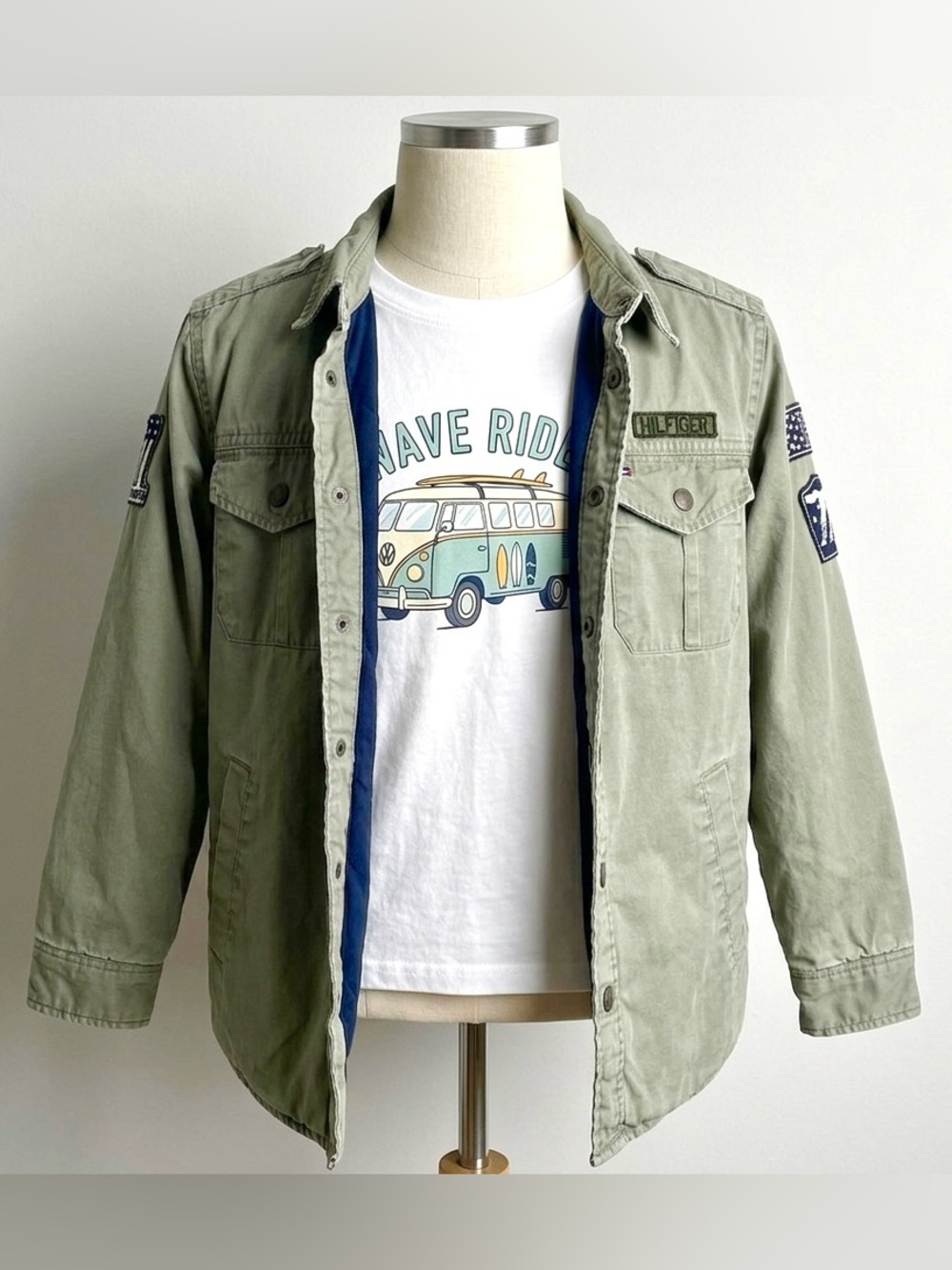 Tommy Hilfiger Boys M 12/14 Olive Green Military Patch Twill Utility Jacket